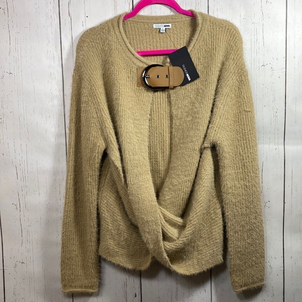 Fashion Nova Open Criss Cross Tan Buckle Sweater